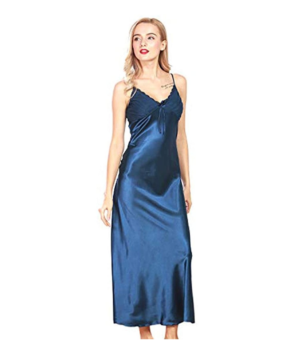 Nightgowns & Sleepshirts Women Sexy Satin Long Nightgown Lace Slip Lingerie Chemise Robe (See Size in Gallery Images) - Blue ...