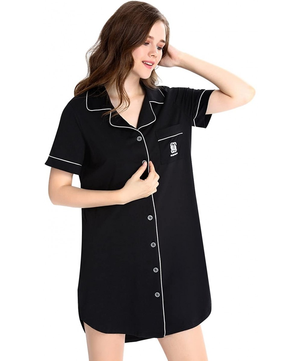 Sets Womens Nightshirt Short Sleeves Pajama Boyfriend Shirt Dress Nightie Sleepwear PJ - Black-1 - CG18EDSIT33