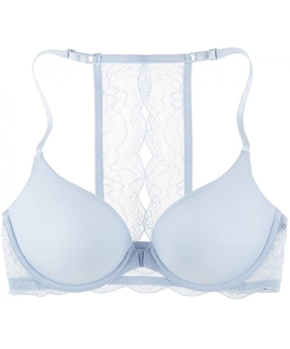 Bras Women's Lace-Splashed Racerback Underwire Push-up Bra with Front Closure - Blue Kiss - C418220TC7A