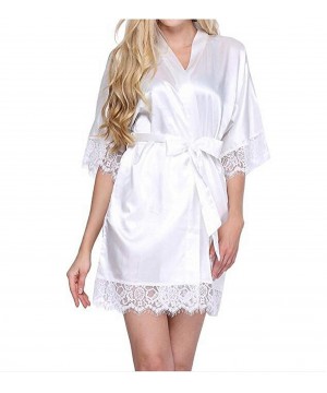 Robes Sexy Dressing Gown Women Short Satin Bride Robe Lace Silk Kimono Bathrobe Bridesmaid Nightwear Peignoir - White - CB194...