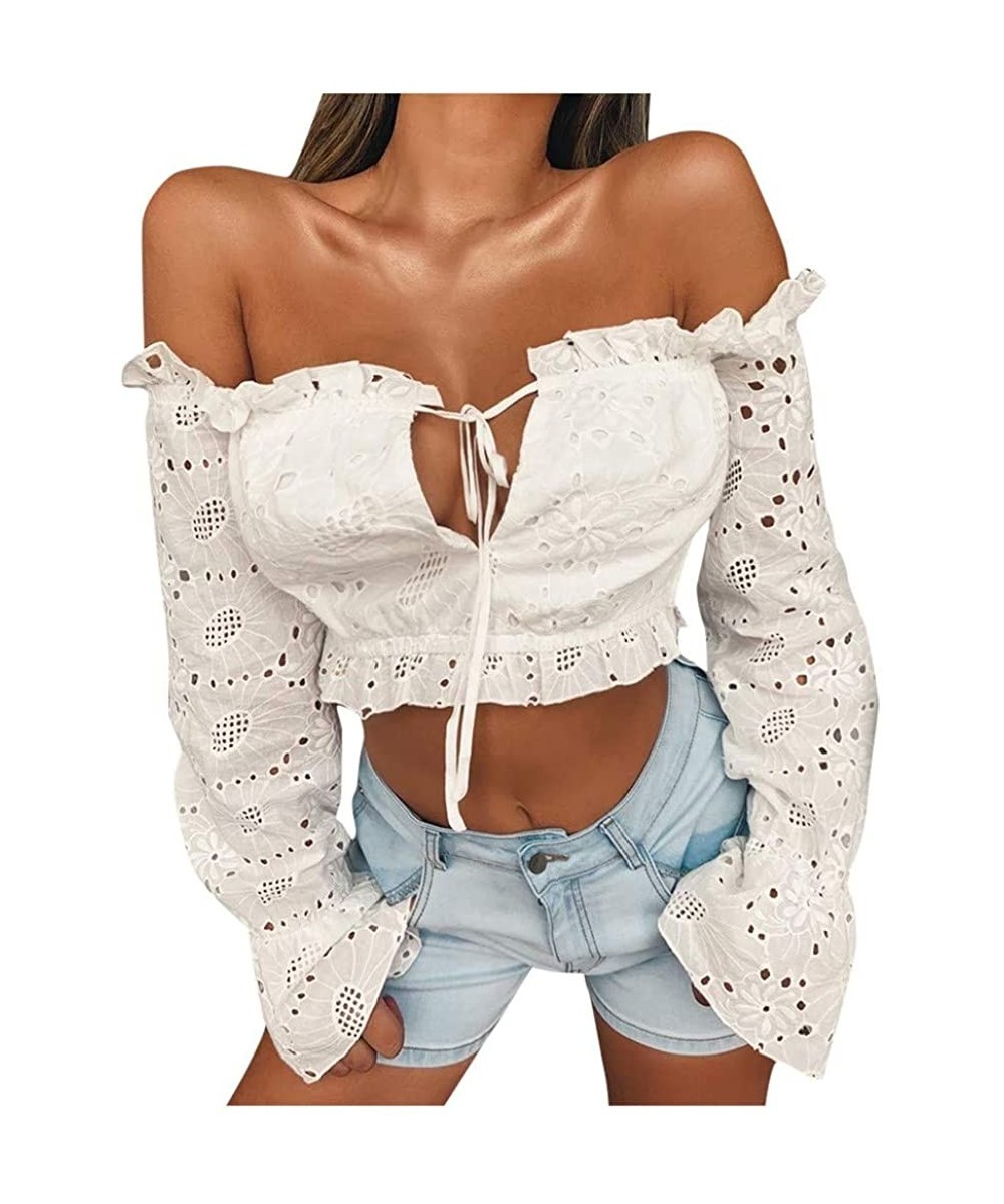 Baby Dolls & Chemises Womens Off Should Short Tops T-Shirt Lace Cami Top Long Sleeve Blouse Tees Party Pullover - White - CC1...