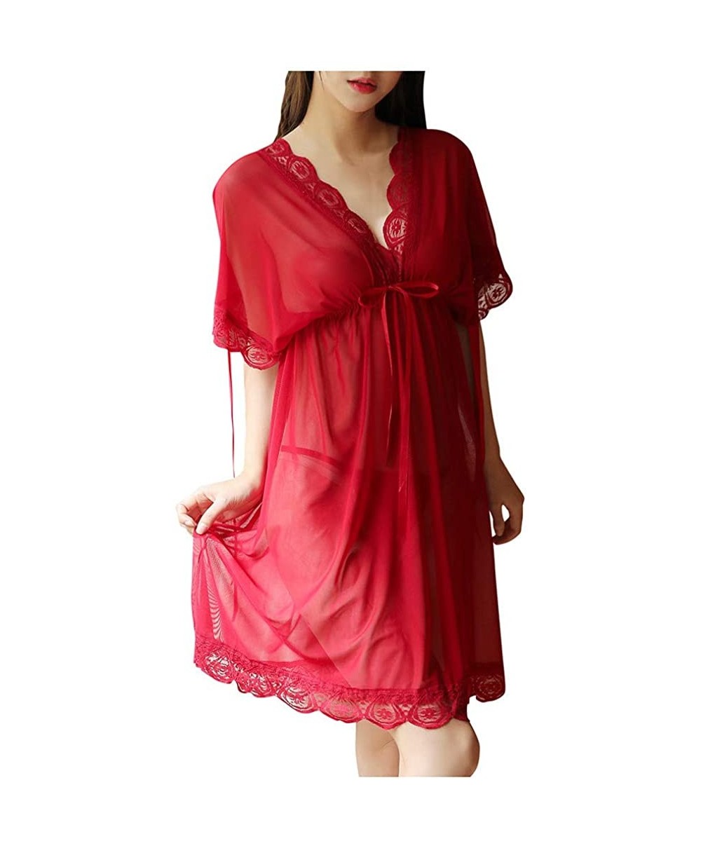 Robes Women's Nightdress Pajamas Lingerie Chemise Nightgown Lounge Dress Sexy LaceV Neck Sleepwear - Red - C3194U0ZGRI