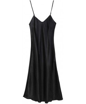 Slips Women's Satin Lingerie Elegant V-Neck Lounge Dress Long Nightgown Spaghetti Strap Chemise Nightdress - A-black - CX18ZR...