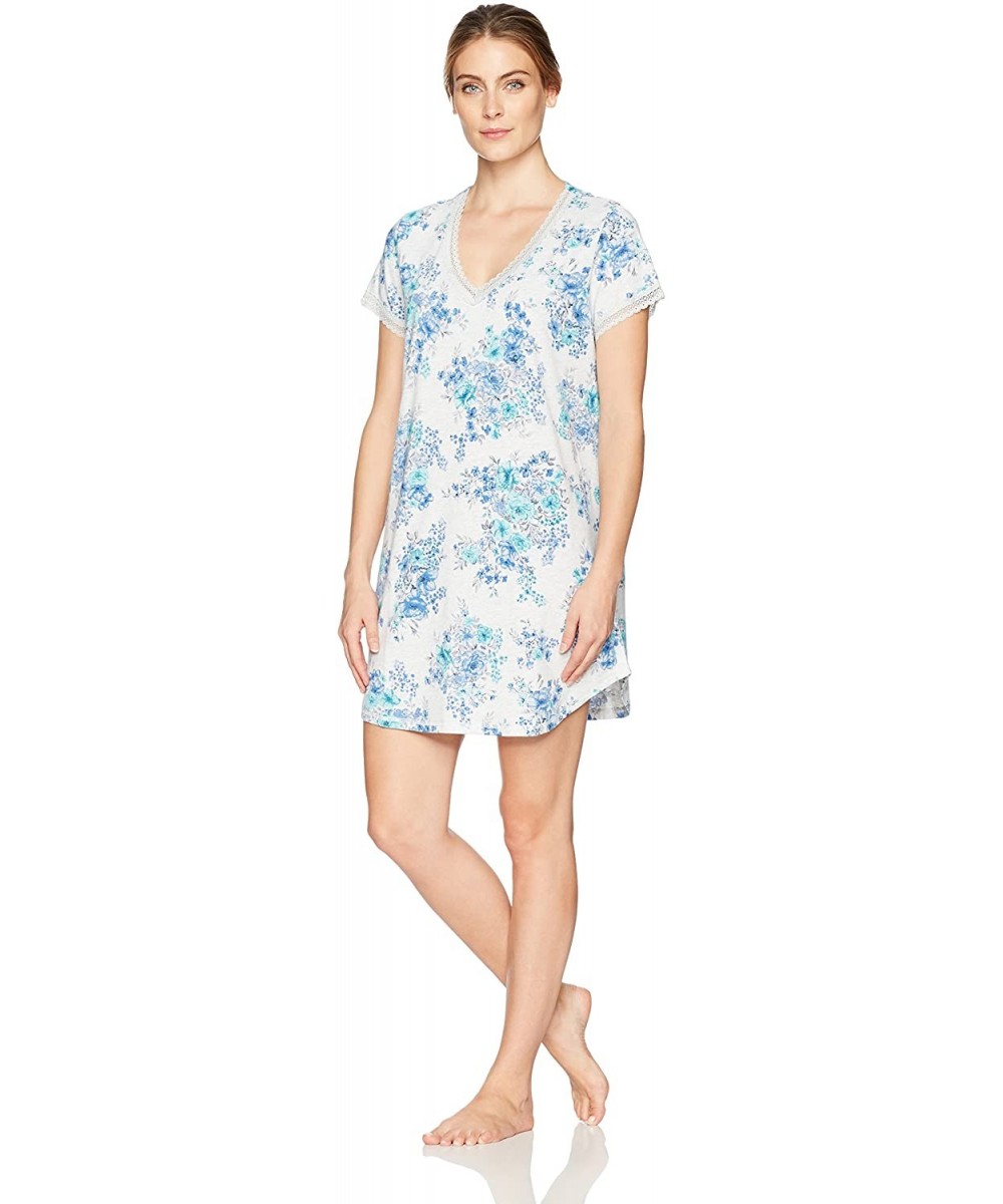 Nightgowns & Sleepshirts Women's Pajama Short Sleeve Pj Sleepdress - Floral Bay Blue and White - CV183OCH5OZ