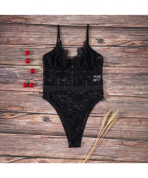 Shapewear Women Sexy Lace Bodysuit Lingerie One Piece Sheer Bodysuit Thong Clubwear - Black - CV18UWISSX0