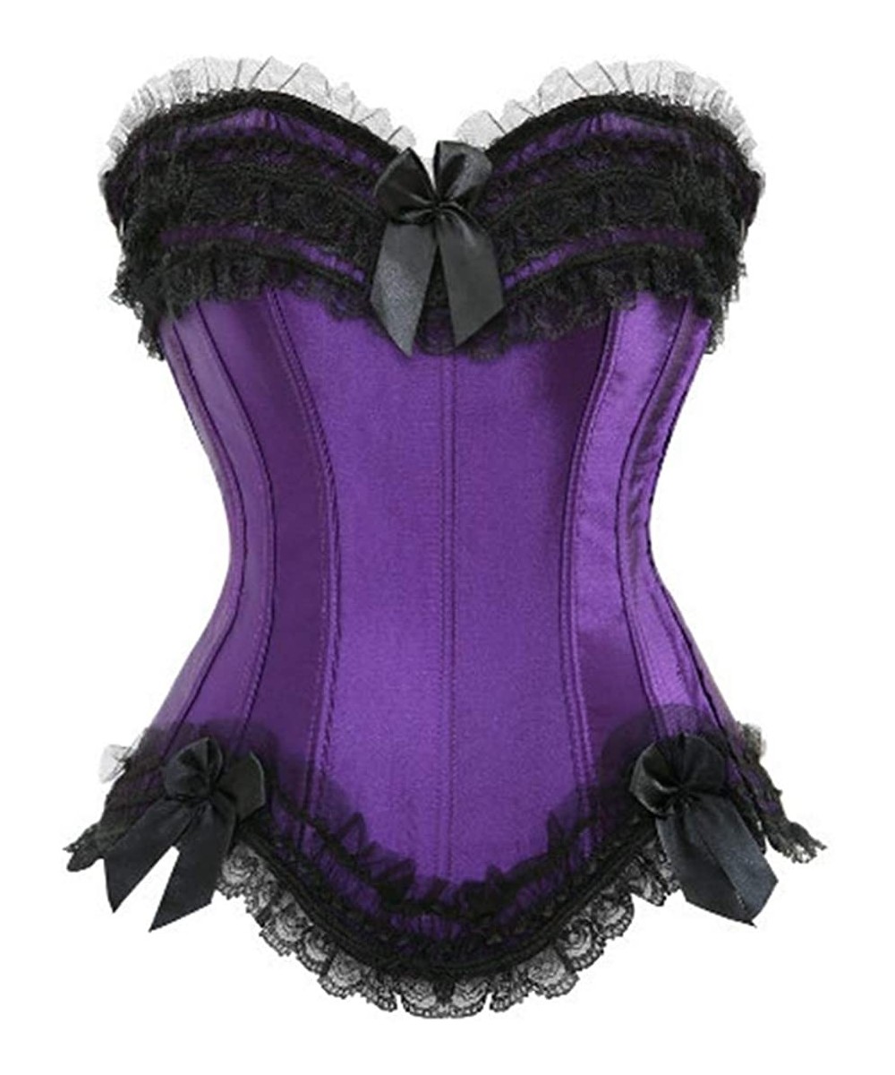 Bustiers & Corsets Women's Sexy Lace Overbust Satin Brocade Corset Bowknot Waist Cincher Bustier Shapewear - Purple - CJ18LAX...