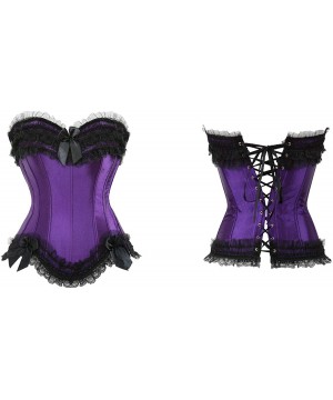 Bustiers & Corsets Women's Sexy Lace Overbust Satin Brocade Corset Bowknot Waist Cincher Bustier Shapewear - Purple - CJ18LAX...