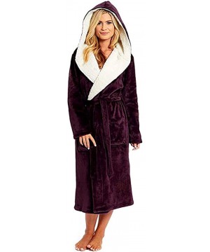 Robes Womens Fleece Bathrobe- Soft Hooded Velvet Nightgown Thick Kimono Robes for Women- Warm Robes House Coat - Red - CB18AU...