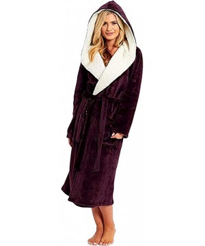 Robes Womens Fleece Bathrobe- Soft Hooded Velvet Nightgown Thick Kimono Robes for Women- Warm Robes House Coat - Red - CB18AU...