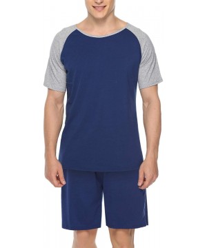 Sleep Sets Men's Cotton Pajama Set Short Sleeve Crew Neck Contrast Lounge Sleepwear Sets - Blue - CL18R3Y539L