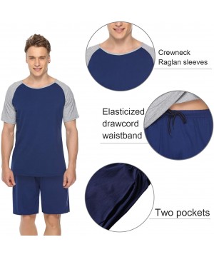 Sleep Sets Men's Cotton Pajama Set Short Sleeve Crew Neck Contrast Lounge Sleepwear Sets - Blue - CL18R3Y539L