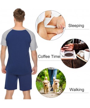 Sleep Sets Men's Cotton Pajama Set Short Sleeve Crew Neck Contrast Lounge Sleepwear Sets - Blue - CL18R3Y539L