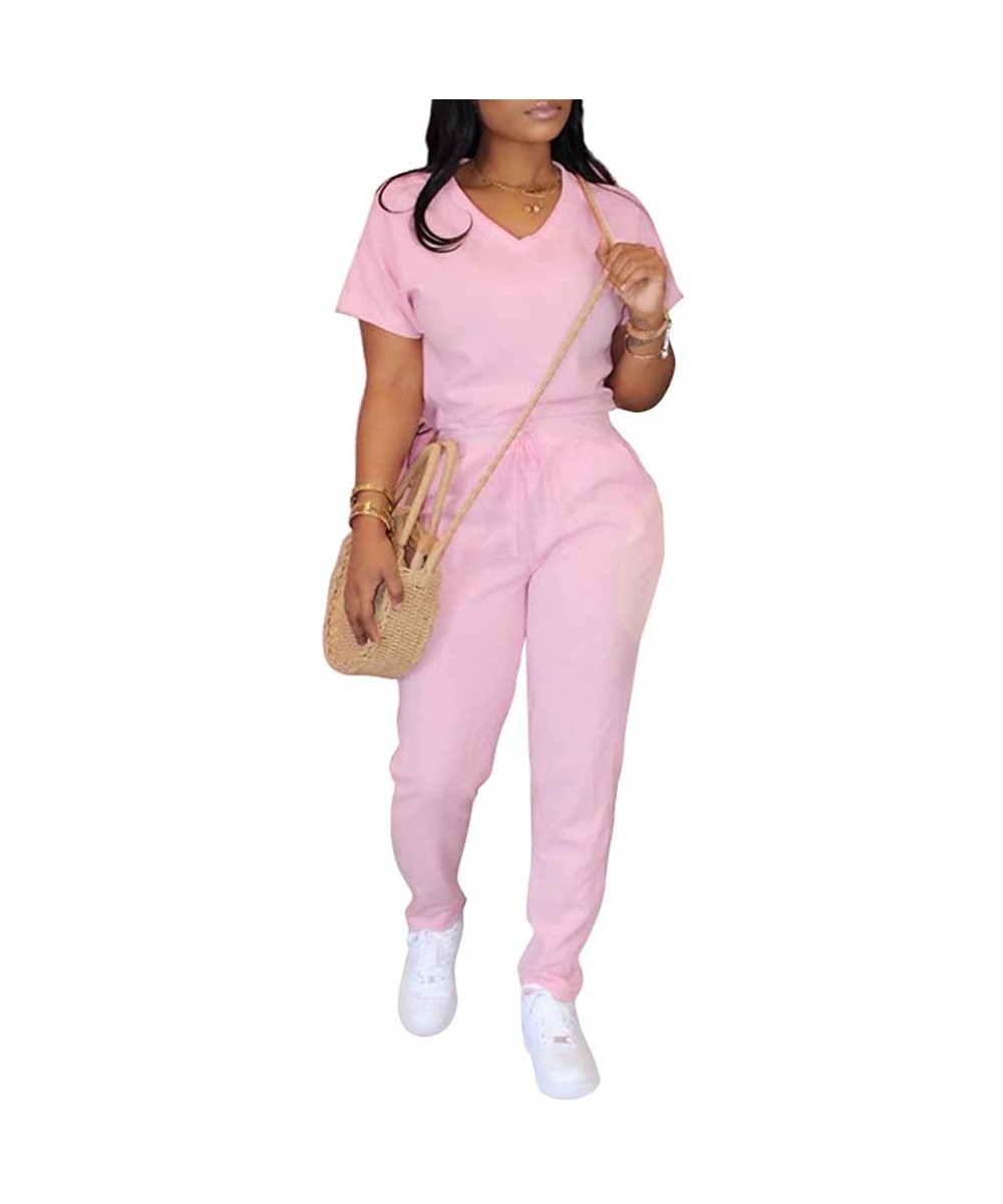 Sets Workout Sets for Women 2 Piece Sports Outfits T Shirts Drawstring Sweatpants Yoga Suits Tracksuit Jumpsuits Set Pink - C...