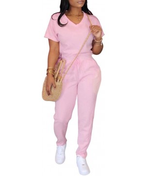 Sets Workout Sets for Women 2 Piece Sports Outfits T Shirts Drawstring Sweatpants Yoga Suits Tracksuit Jumpsuits Set Pink - C...