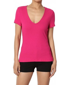 Shapewear Basic Essential V-Neck Short Sleeve Stretch Ribbed Fitted Top T-Shirt - 82 Magenta - CT18T98SG7O