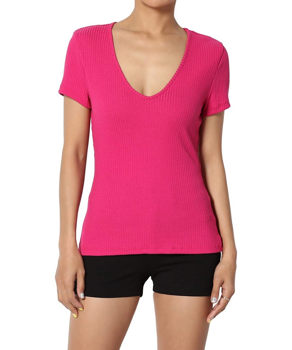 Shapewear Basic Essential V-Neck Short Sleeve Stretch Ribbed Fitted Top T-Shirt - 82 Magenta - CT18T98SG7O