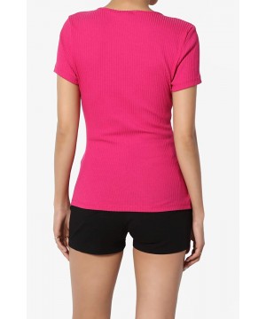 Shapewear Basic Essential V-Neck Short Sleeve Stretch Ribbed Fitted Top T-Shirt - 82 Magenta - CT18T98SG7O