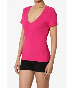 Shapewear Basic Essential V-Neck Short Sleeve Stretch Ribbed Fitted Top T-Shirt - 82 Magenta - CT18T98SG7O