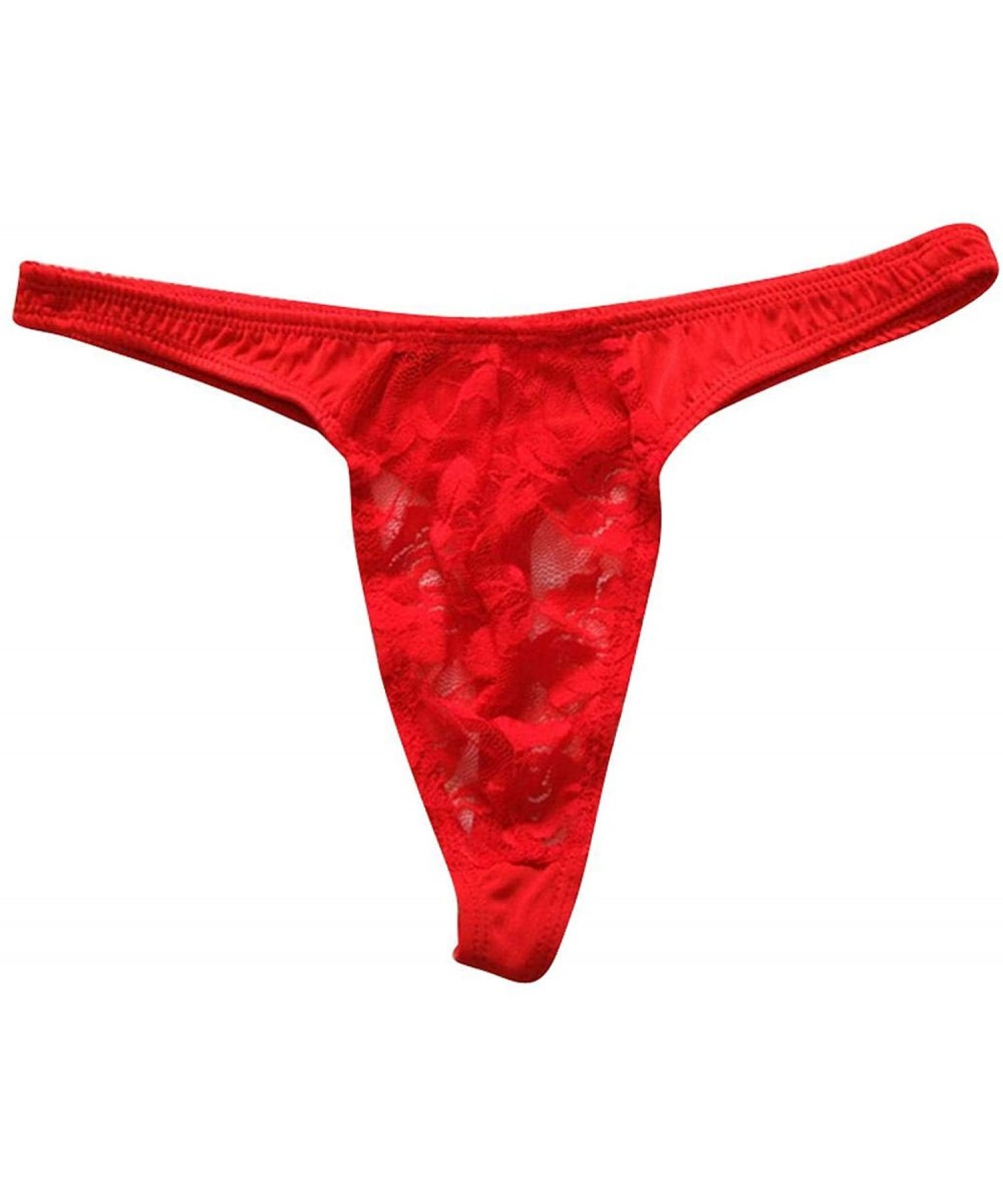 G-Strings & Thongs Sexy Men Lace Thongs Transparent Breathable Panties See Through Pouch G-Strings Underpants Jockss - Red - ...