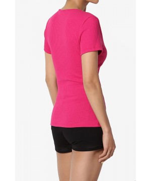 Shapewear Basic Essential V-Neck Short Sleeve Stretch Ribbed Fitted Top T-Shirt - 82 Magenta - CT18T98SG7O