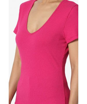 Shapewear Basic Essential V-Neck Short Sleeve Stretch Ribbed Fitted Top T-Shirt - 82 Magenta - CT18T98SG7O