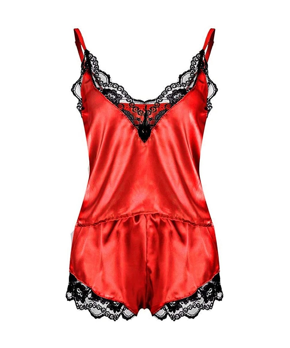 Thermal Underwear 2PC Women's Babydoll Underwear Set- Soft Lace Nightdress Nightgown Sleepwear Lingerie - Red - CR18Q7MKGL2