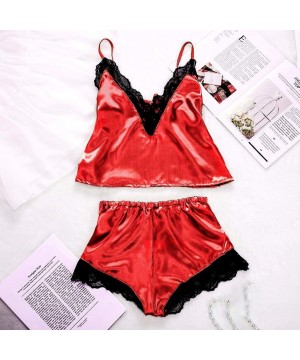 Thermal Underwear 2PC Women's Babydoll Underwear Set- Soft Lace Nightdress Nightgown Sleepwear Lingerie - Red - CR18Q7MKGL2