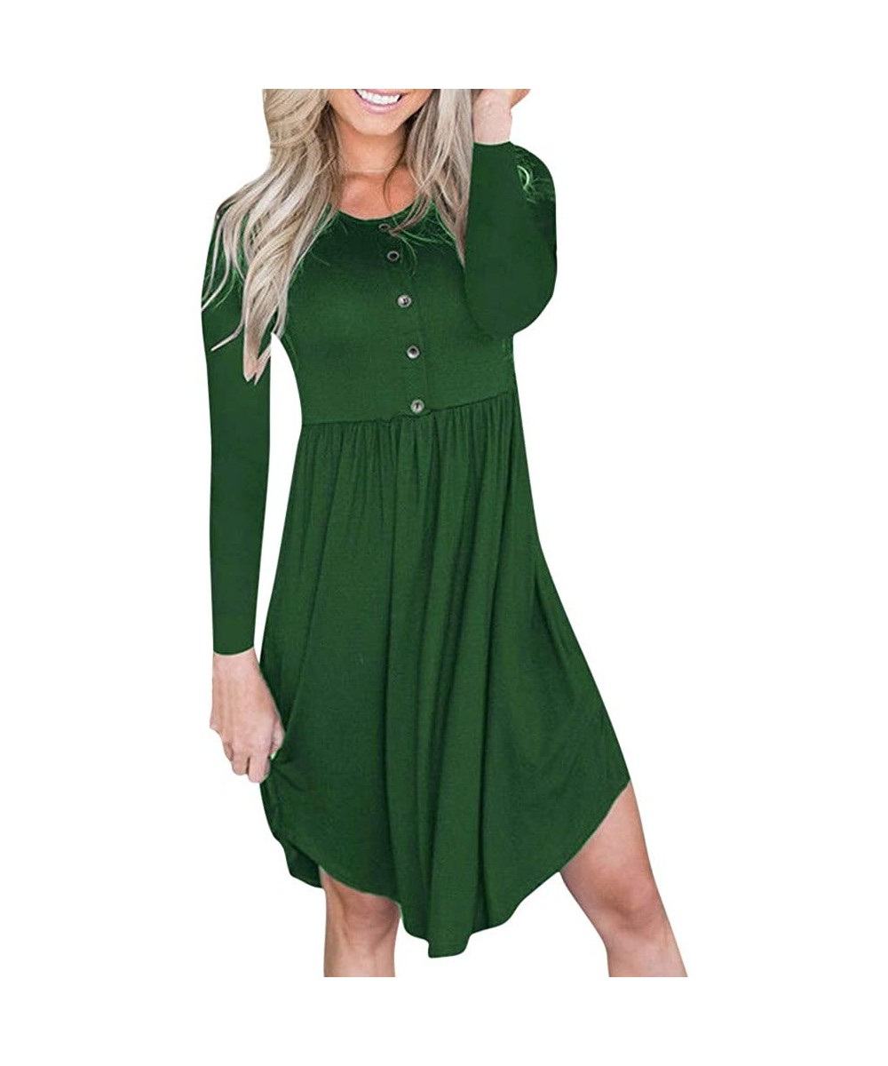 Slips Fashion Women O Neck Button Long Sleeve Irregular Dress Lace Stitching Short-Sleeved Solid Color Hem Swing Dress - Gree...