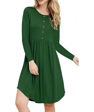 Slips Fashion Women O Neck Button Long Sleeve Irregular Dress Lace Stitching Short-Sleeved Solid Color Hem Swing Dress - Gree...