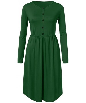 Slips Fashion Women O Neck Button Long Sleeve Irregular Dress Lace Stitching Short-Sleeved Solid Color Hem Swing Dress - Gree...