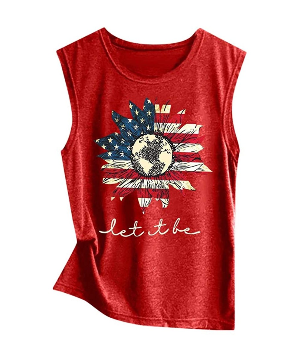 Thermal Underwear Fashion Women Tank American Flag Print Lace Tops Insert V-Neck Shirt Blouse - A Red1 - CG199CA96NY