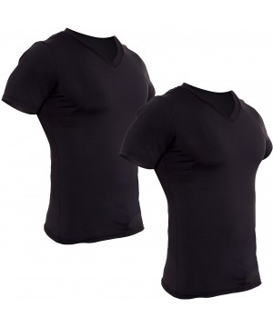 Shapewear 2 Pack Mens Slimming Light Compression V-Neck Body Shaper T-Shirt - Black - CL18EXKIQ7R