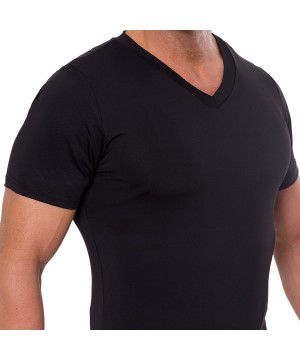 Shapewear 2 Pack Mens Slimming Light Compression V-Neck Body Shaper T-Shirt - Black - CL18EXKIQ7R