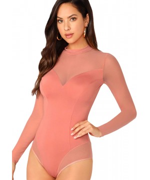 Shapewear Women's Sheer Mesh Long Sleeve Stretchy Bodysuit Jumpsuit - Pink - C61945NQIH6