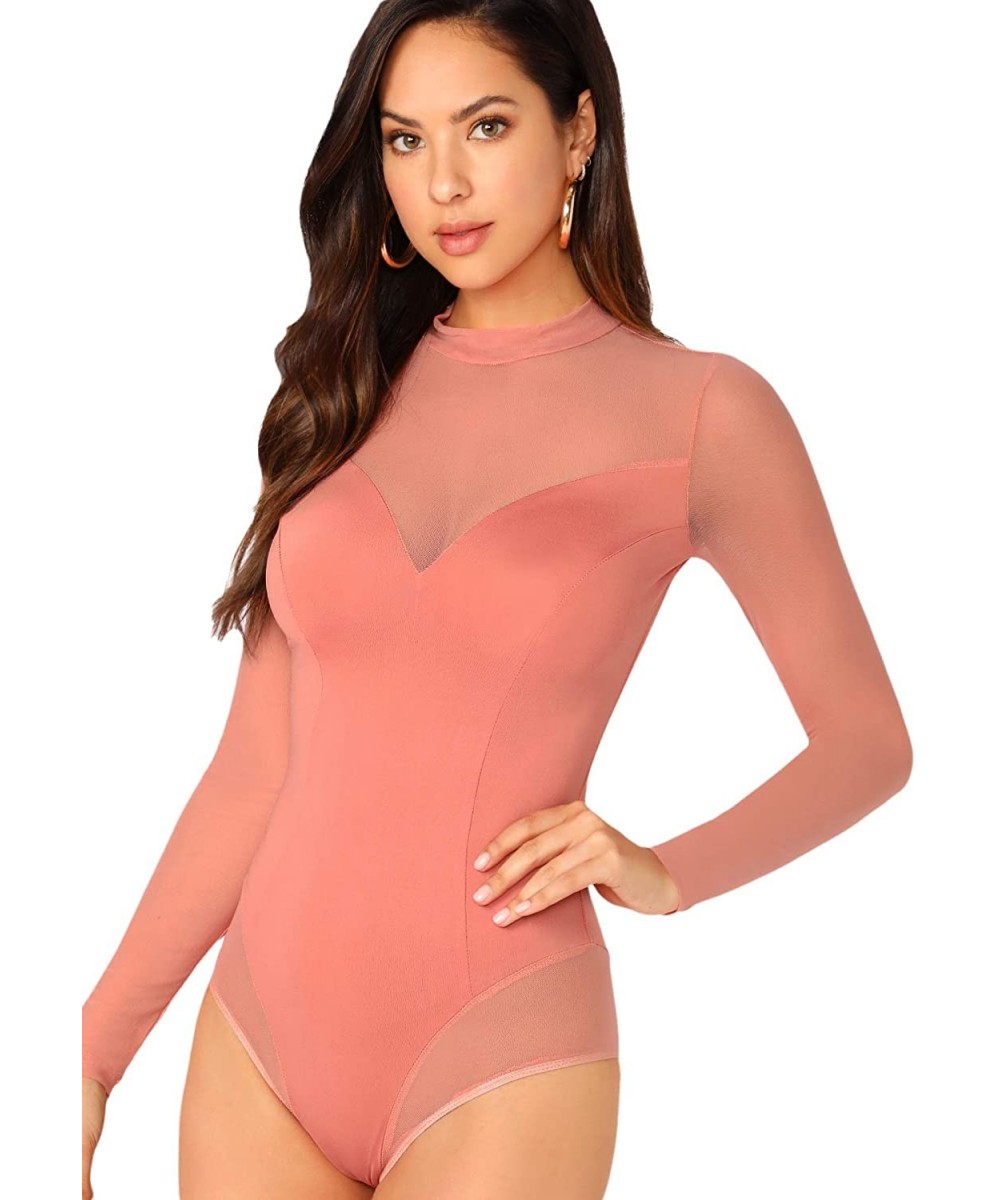 Shapewear Women's Sheer Mesh Long Sleeve Stretchy Bodysuit Jumpsuit - Pink - C61945NQIH6