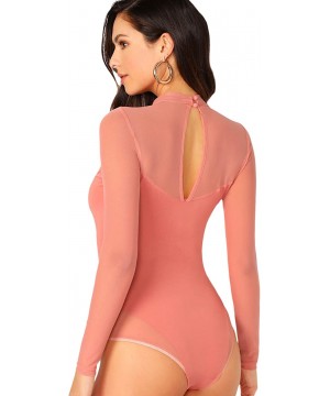 Shapewear Women's Sheer Mesh Long Sleeve Stretchy Bodysuit Jumpsuit - Pink - C61945NQIH6