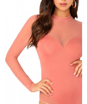 Shapewear Women's Sheer Mesh Long Sleeve Stretchy Bodysuit Jumpsuit - Pink - C61945NQIH6