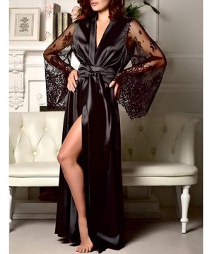 Robes Women's Lace Bell Sleeve Kimono Robe Nightwear Nightgown Sleepwear Satin Long Robe - Black - CS18X79KOGH