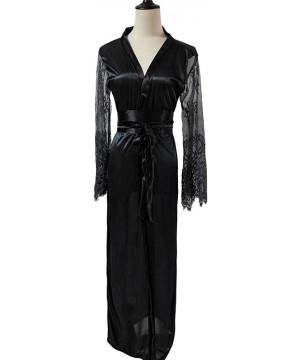 Robes Women's Lace Bell Sleeve Kimono Robe Nightwear Nightgown Sleepwear Satin Long Robe - Black - CS18X79KOGH