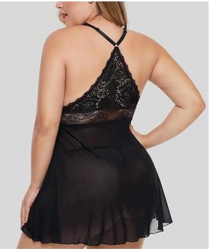 Baby Dolls & Chemises Women Lace Lattice Plus Size Lingerie Sheer Mesh Chemise Babydoll - Black - CT18ASQM0OU