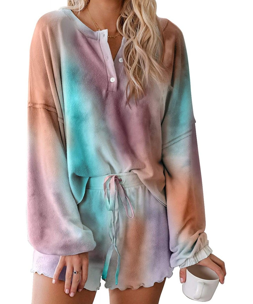 Sets Women Pajamas Tie Dye Print Long Sleeve Shirt Elastic Drawstring Shorts Pant PJ Set Sleepwear Loungewear Nightgown - A-m...