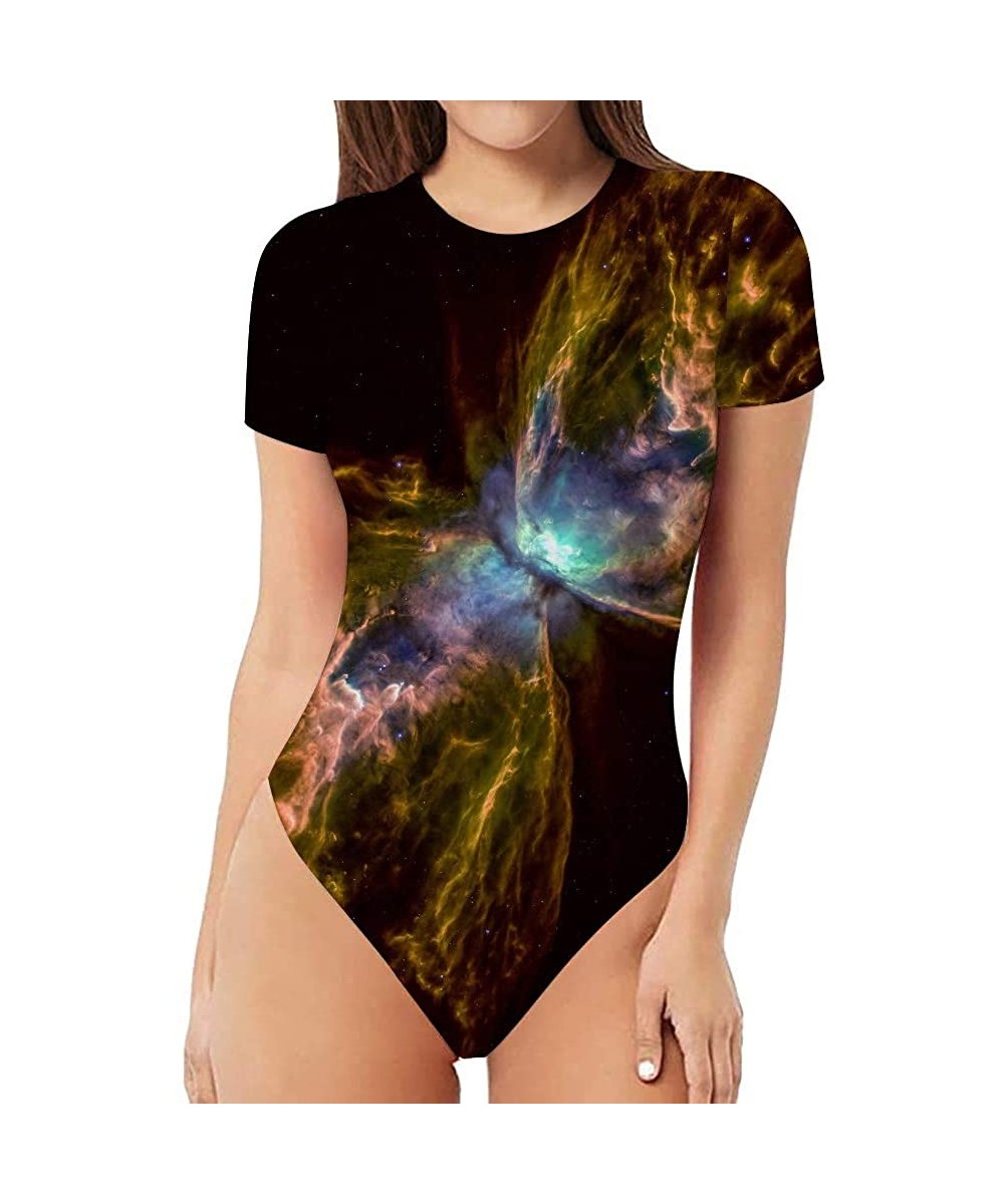 Shapewear Women's Galaxy Series Short Sleeve Tops Basic Round Neck Bodysuit Jumpsuit - Galaxy Butterfly - C41908SQ9R3