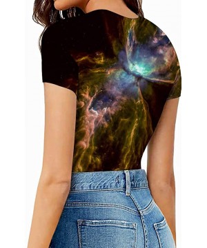 Shapewear Women's Galaxy Series Short Sleeve Tops Basic Round Neck Bodysuit Jumpsuit - Galaxy Butterfly - C41908SQ9R3