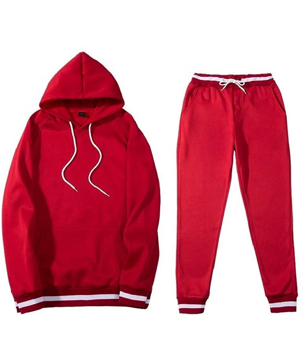 Sleep Sets Men Baggy Thickened 2-Piece Long Sleeve Solid Color Hoode Pajamas - Red - CL194CQGW50