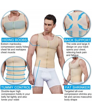 Shapewear Compression Shirts for Men Power Net Body Shaper Undershirt Abs Tank Tops Abdomen Shapewear Vest with Zipper - Beig...