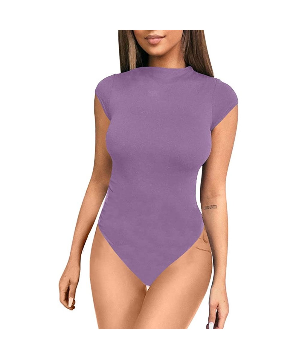 Shapewear Women's Sexy Bodycon Short Sleeve Scoop Neck Leotard Bodysuit - Lavender - C318U906SU4