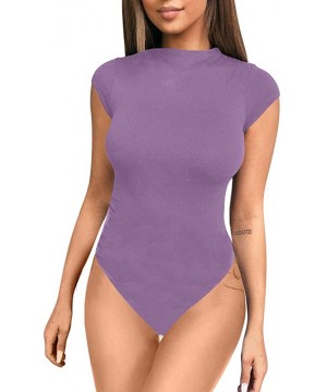 Shapewear Women's Sexy Bodycon Short Sleeve Scoop Neck Leotard Bodysuit - Lavender - C318U906SU4