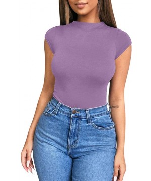 Shapewear Women's Sexy Bodycon Short Sleeve Scoop Neck Leotard Bodysuit - Lavender - C318U906SU4