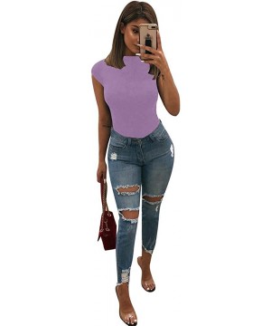 Shapewear Women's Sexy Bodycon Short Sleeve Scoop Neck Leotard Bodysuit - Lavender - C318U906SU4