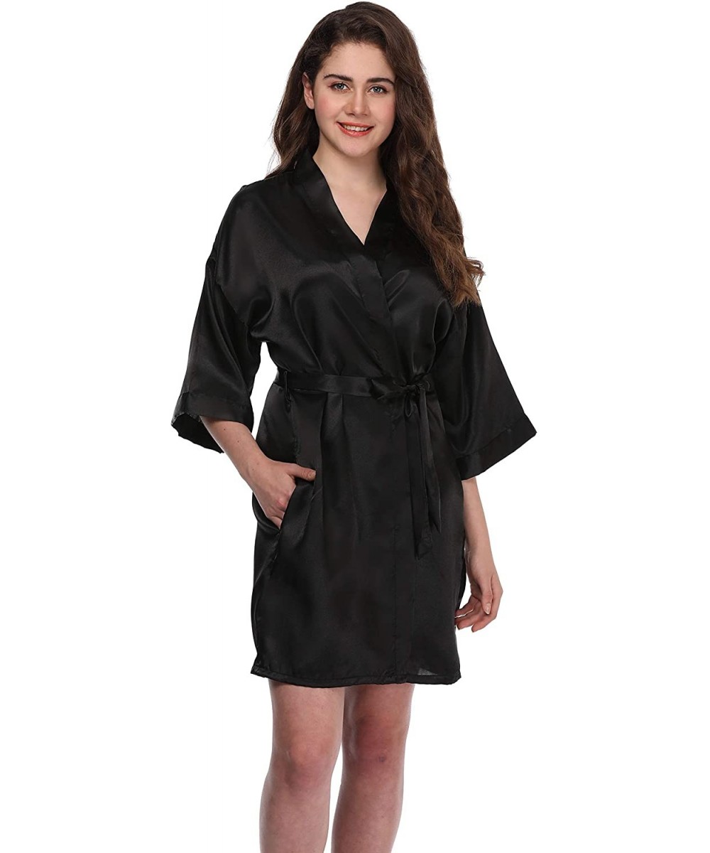 Robes Womens Short Kimono Robe Silky Wedding Bridesmaid Robes Satin Dressing Gown Sleepwear - Solid Black - CW18NZTTCNO